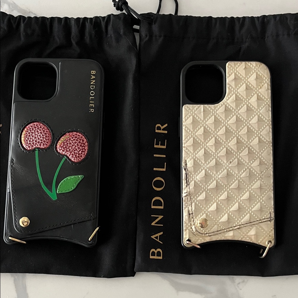 Bandolier Black Phone Case with Pink Cherry Appliqué and Green Stem